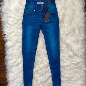 •HP•ZZYZX high waist button fly blue skinny jeans with pleats & no back pockets